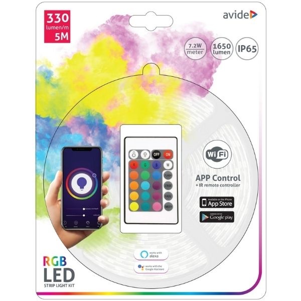 Set: Chytrý LED pásek 7,2W/m, RGB, WIFI, IP65, délka 5m s dálkovým ovládáním a zdrojem